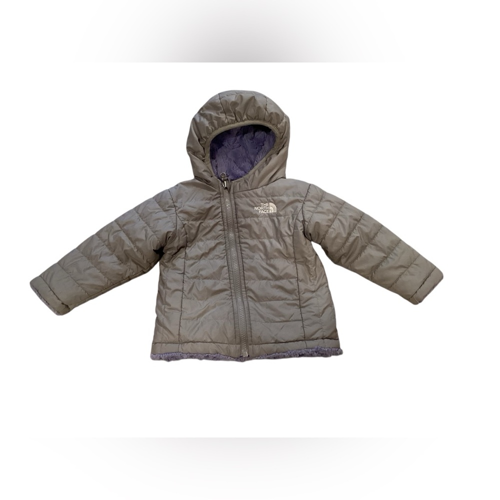 TODDLER The North Face Grey Hooded Jacket with Purple fuzzy lining Size 18m-24m